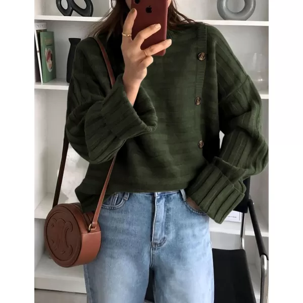 imagePRETTYGARDEN Womens Sweaters Fall 2024 Casual Long Sleeve Crewneck Button Loose Knit Pullover Sweater TopsArmy Green