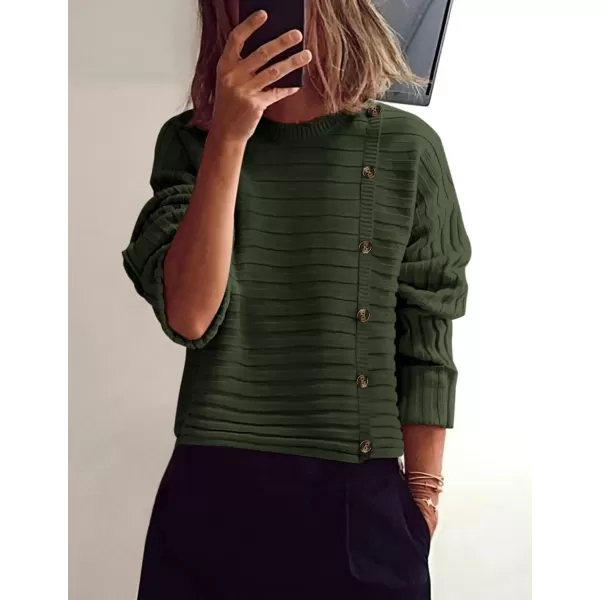 imagePRETTYGARDEN Womens Sweaters Fall 2024 Casual Long Sleeve Crewneck Button Loose Knit Pullover Sweater TopsArmy Green
