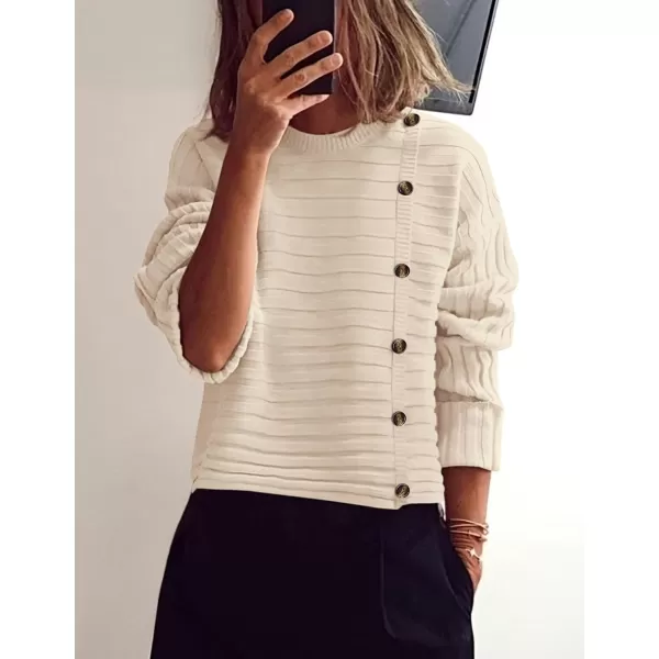 imagePRETTYGARDEN Womens Sweaters Fall 2024 Casual Long Sleeve Crewneck Button Loose Knit Pullover Sweater TopsBeige