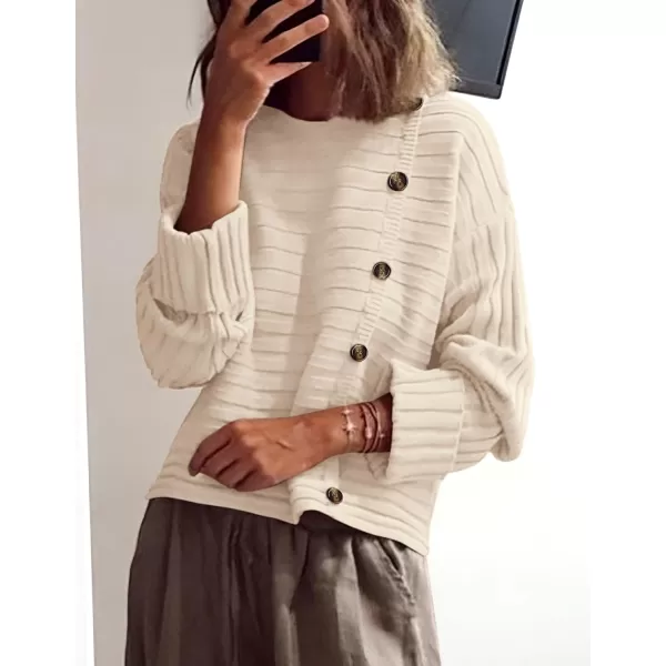 imagePRETTYGARDEN Womens Sweaters Fall 2024 Casual Long Sleeve Crewneck Button Loose Knit Pullover Sweater TopsBeige