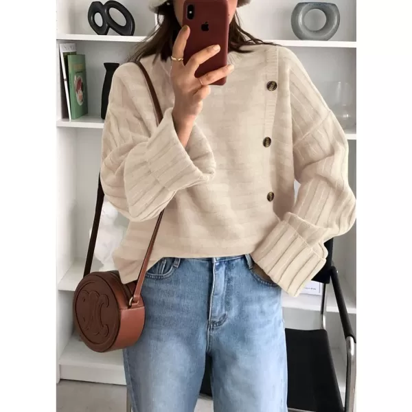 imagePRETTYGARDEN Womens Sweaters Fall 2024 Casual Long Sleeve Crewneck Button Loose Knit Pullover Sweater TopsBeige