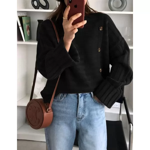imagePRETTYGARDEN Womens Sweaters Fall 2024 Casual Long Sleeve Crewneck Button Loose Knit Pullover Sweater TopsBlack