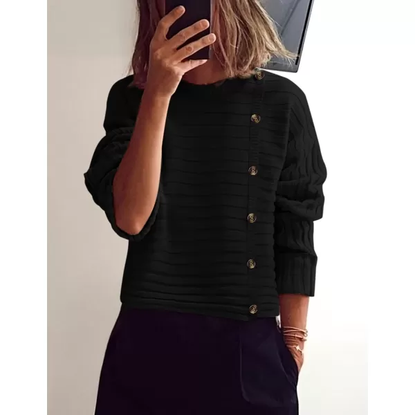 imagePRETTYGARDEN Womens Sweaters Fall 2024 Casual Long Sleeve Crewneck Button Loose Knit Pullover Sweater TopsBlack