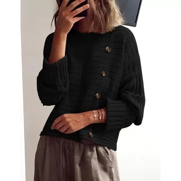 imagePRETTYGARDEN Womens Sweaters Fall 2024 Casual Long Sleeve Crewneck Button Loose Knit Pullover Sweater TopsBlack