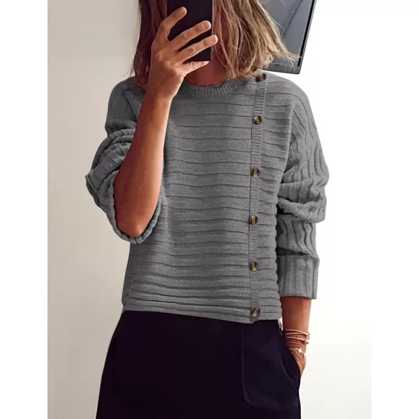 imagePRETTYGARDEN Womens Sweaters Fall 2024 Casual Long Sleeve Crewneck Button Loose Knit Pullover Sweater TopsGrey