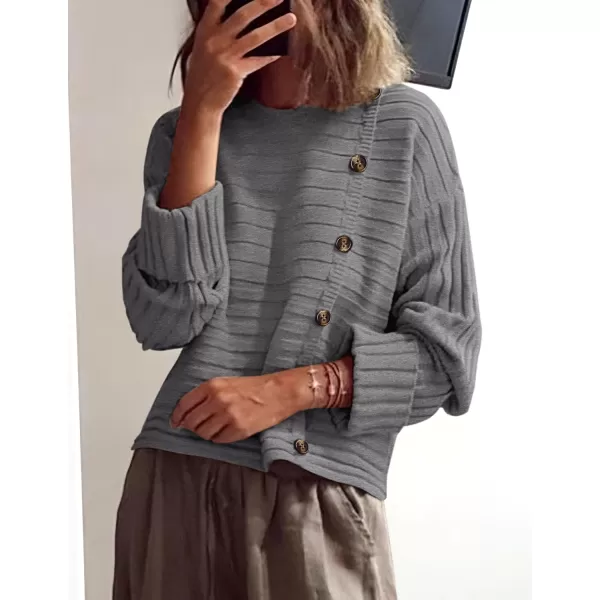 imagePRETTYGARDEN Womens Sweaters Fall 2024 Casual Long Sleeve Crewneck Button Loose Knit Pullover Sweater TopsGrey