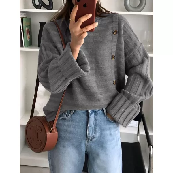 imagePRETTYGARDEN Womens Sweaters Fall 2024 Casual Long Sleeve Crewneck Button Loose Knit Pullover Sweater TopsGrey