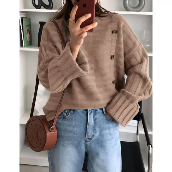 imagePRETTYGARDEN Womens Sweaters Fall 2024 Casual Long Sleeve Crewneck Button Loose Knit Pullover Sweater TopsKhaki