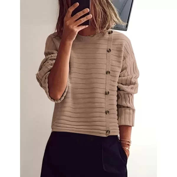 imagePRETTYGARDEN Womens Sweaters Fall 2024 Casual Long Sleeve Crewneck Button Loose Knit Pullover Sweater TopsKhaki