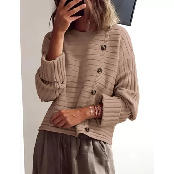 imagePRETTYGARDEN Womens Sweaters Fall 2024 Casual Long Sleeve Crewneck Button Loose Knit Pullover Sweater TopsKhaki