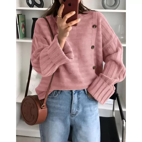 imagePRETTYGARDEN Womens Sweaters Fall 2024 Casual Long Sleeve Crewneck Button Loose Knit Pullover Sweater TopsPink