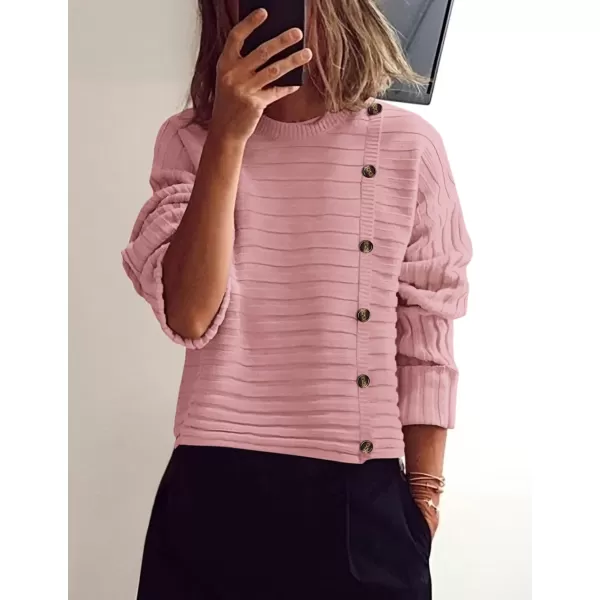 imagePRETTYGARDEN Womens Sweaters Fall 2024 Casual Long Sleeve Crewneck Button Loose Knit Pullover Sweater TopsPink