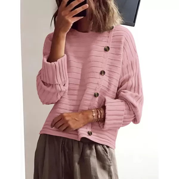 imagePRETTYGARDEN Womens Sweaters Fall 2024 Casual Long Sleeve Crewneck Button Loose Knit Pullover Sweater TopsPink