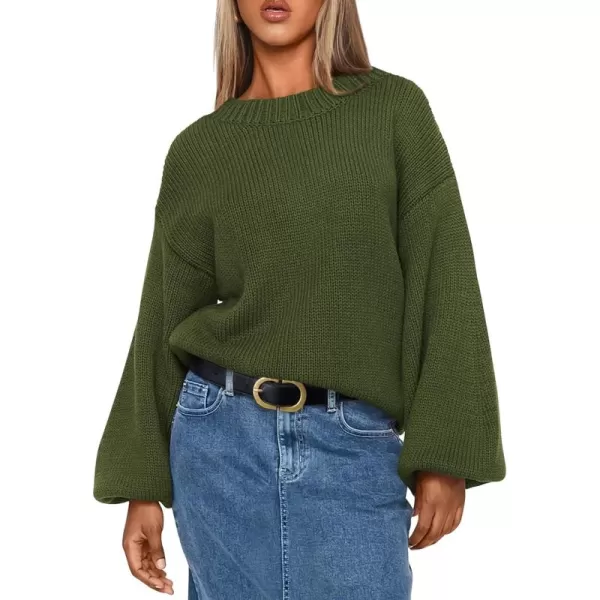 imagePRETTYGARDEN Womens 2024 Fall Chunky Knit Sweater Casual Long Lantern Sleeve Crewneck Pullover Jumper TopsArmy Green