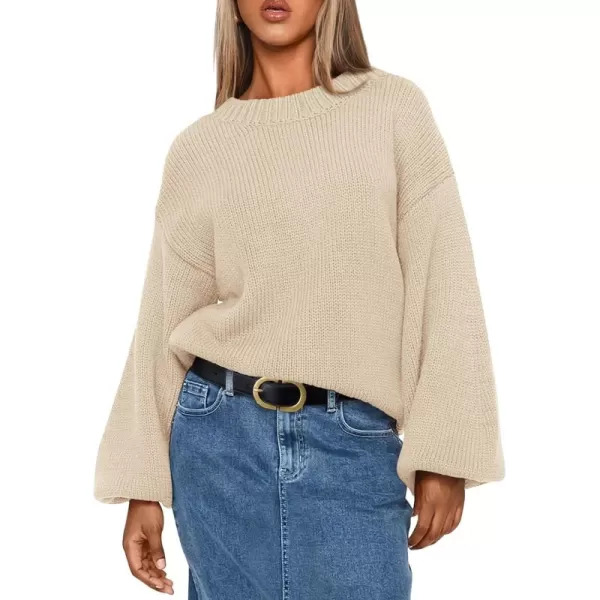 imagePRETTYGARDEN Womens 2024 Fall Chunky Knit Sweater Casual Long Lantern Sleeve Crewneck Pullover Jumper TopsBeige