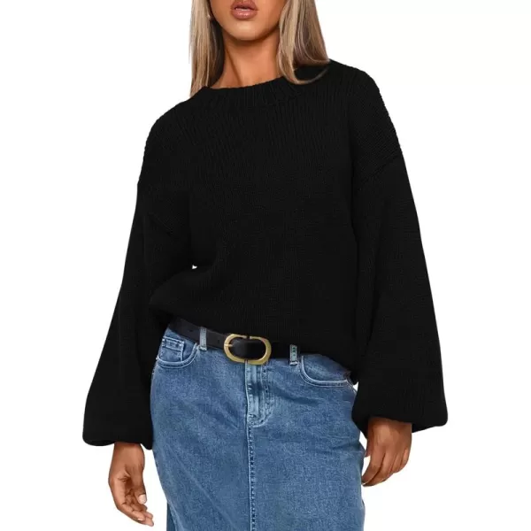 imagePRETTYGARDEN Womens 2024 Fall Chunky Knit Sweater Casual Long Lantern Sleeve Crewneck Pullover Jumper TopsBlack