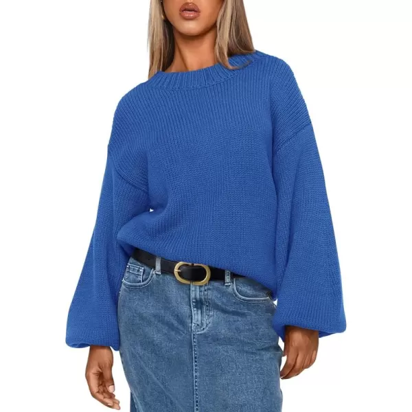 imagePRETTYGARDEN Womens 2024 Fall Chunky Knit Sweater Casual Long Lantern Sleeve Crewneck Pullover Jumper TopsBlue