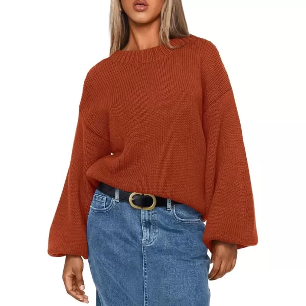 imagePRETTYGARDEN Womens 2024 Fall Chunky Knit Sweater Casual Long Lantern Sleeve Crewneck Pullover Jumper TopsBrick Red