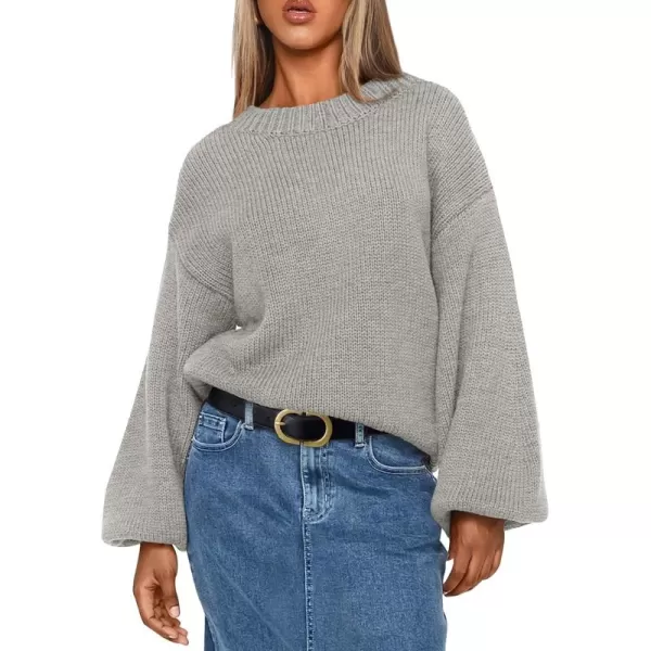 imagePRETTYGARDEN Womens 2024 Fall Chunky Knit Sweater Casual Long Lantern Sleeve Crewneck Pullover Jumper TopsGrey