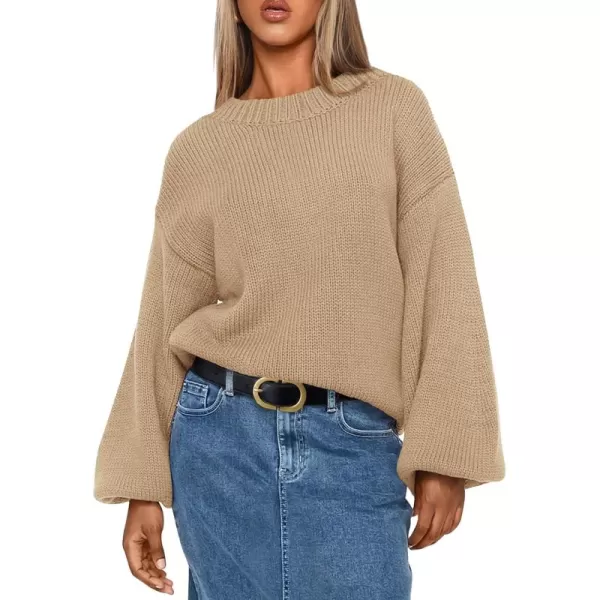 imagePRETTYGARDEN Womens 2024 Fall Chunky Knit Sweater Casual Long Lantern Sleeve Crewneck Pullover Jumper TopsKhaki