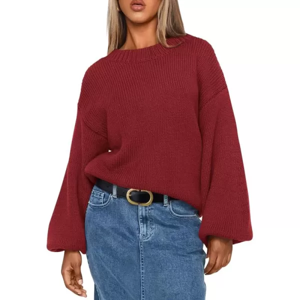 imagePRETTYGARDEN Womens 2024 Fall Chunky Knit Sweater Casual Long Lantern Sleeve Crewneck Pullover Jumper TopsWine Red