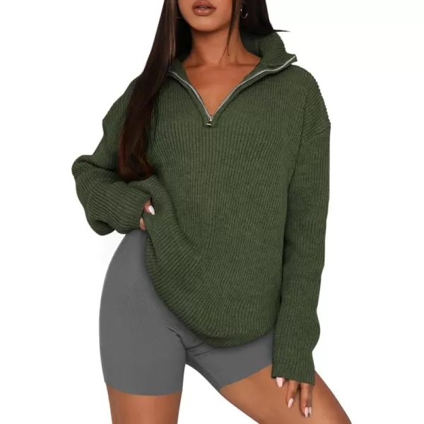 imagePRETTYGARDEN Womens 2024 Fall Chunky Knit Sweaters Long Sleeve Collared Quarter Zip Pullover Jumper TopsArmy Green