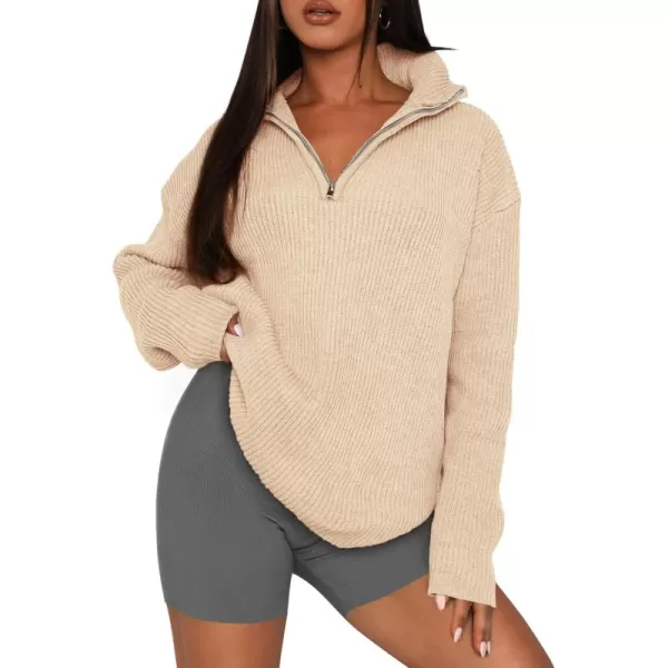 imagePRETTYGARDEN Womens 2024 Fall Chunky Knit Sweaters Long Sleeve Collared Quarter Zip Pullover Jumper TopsBeige