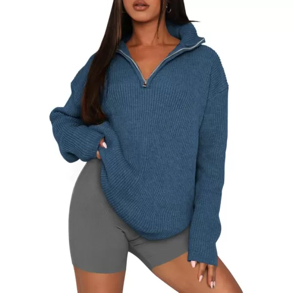 imagePRETTYGARDEN Womens 2024 Fall Chunky Knit Sweaters Long Sleeve Collared Quarter Zip Pullover Jumper TopsBlue