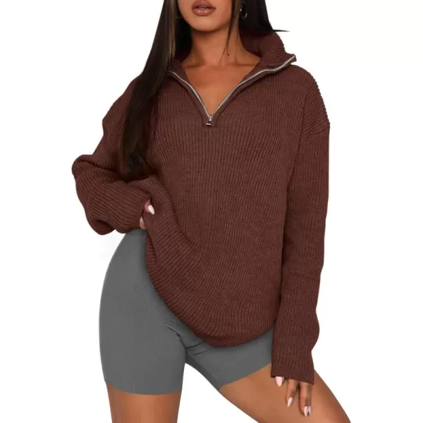imagePRETTYGARDEN Womens 2024 Fall Chunky Knit Sweaters Long Sleeve Collared Quarter Zip Pullover Jumper TopsCoffee