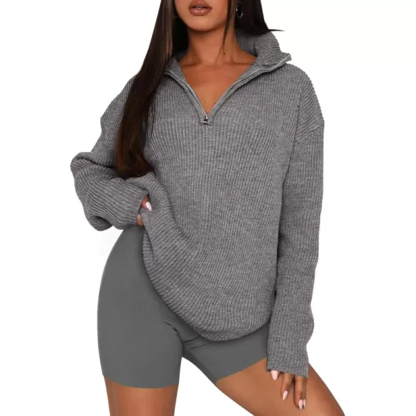 imagePRETTYGARDEN Womens 2024 Fall Chunky Knit Sweaters Long Sleeve Collared Quarter Zip Pullover Jumper TopsGrey