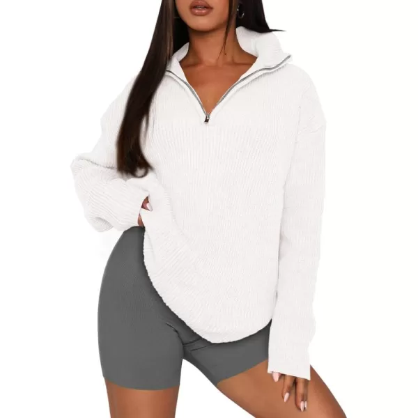 imagePRETTYGARDEN Womens 2024 Fall Chunky Knit Sweaters Long Sleeve Collared Quarter Zip Pullover Jumper TopsWhite