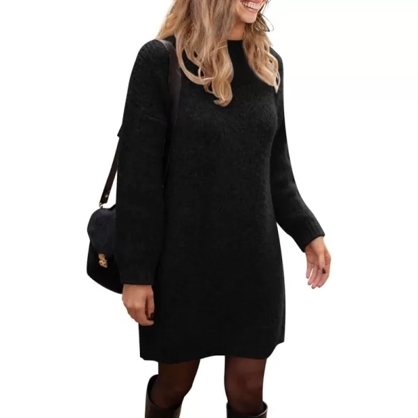 imagePRETTYGARDEN Womens 2024 Fall Knit Pullover Sweaters Long Sleeve Crewneck Oversized Loose Short Sweater DressBlack
