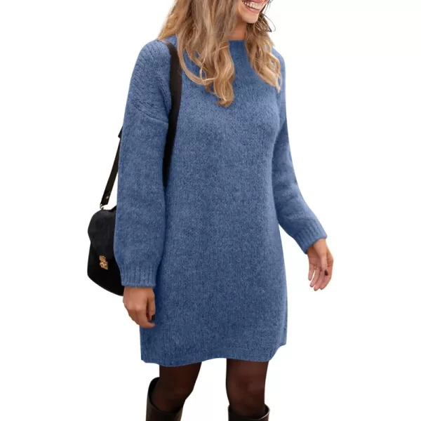 imagePRETTYGARDEN Womens 2024 Fall Knit Pullover Sweaters Long Sleeve Crewneck Oversized Loose Short Sweater DressGrey Blue