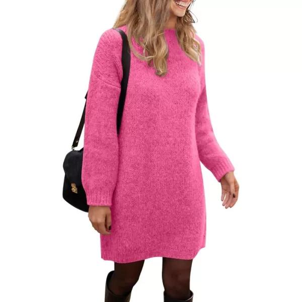 imagePRETTYGARDEN Womens 2024 Fall Knit Pullover Sweaters Long Sleeve Crewneck Oversized Loose Short Sweater DressRose Red