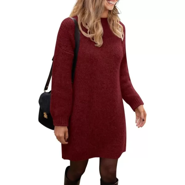 imagePRETTYGARDEN Womens 2024 Fall Knit Pullover Sweaters Long Sleeve Crewneck Oversized Loose Short Sweater DressWine Red