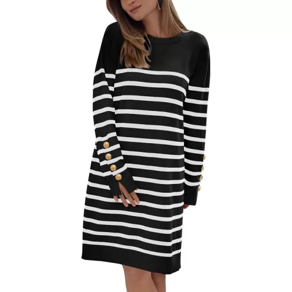 imagePRETTYGARDEN Womens 2024 Fall Sweater Dress Crewneck Long Sleeve Pullover Sweaters Casual Cute Loose Fit Knit Short DressesStriped Black