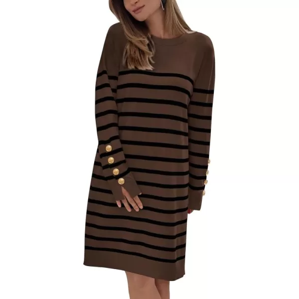 imagePRETTYGARDEN Womens 2024 Fall Sweater Dress Crewneck Long Sleeve Pullover Sweaters Casual Cute Loose Fit Knit Short DressesStriped Brown