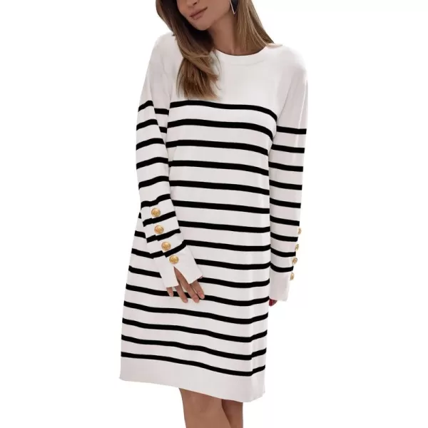 imagePRETTYGARDEN Womens 2024 Fall Sweater Dress Crewneck Long Sleeve Pullover Sweaters Casual Cute Loose Fit Knit Short DressesStriped White
