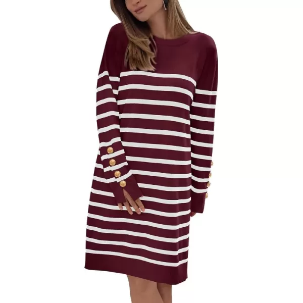imagePRETTYGARDEN Womens 2024 Fall Sweater Dress Crewneck Long Sleeve Pullover Sweaters Casual Cute Loose Fit Knit Short DressesStriped Wine Red