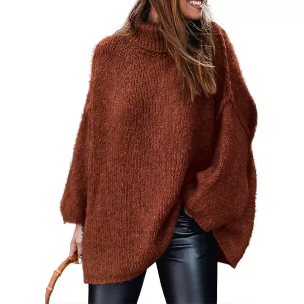 imagePRETTYGARDEN Womens Fall Turtleneck Sweaters Long Sleeve Chunky Knit Slouchy Pullover Sweater TopsBrick Red