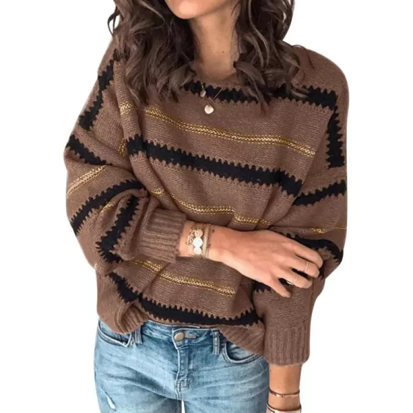 imagePRETTYGARDEN Womens Fashion Long Sleeve Striped Color Block Knitted Sweater Crew Neck Loose Pullover Jumper TopsNarrow Striped Brown