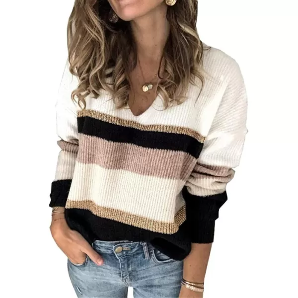 imagePRETTYGARDEN Womens Fashion Long Sleeve Striped Color Block Knitted Sweater Crew Neck Loose Pullover Jumper TopsWide Striped Pink