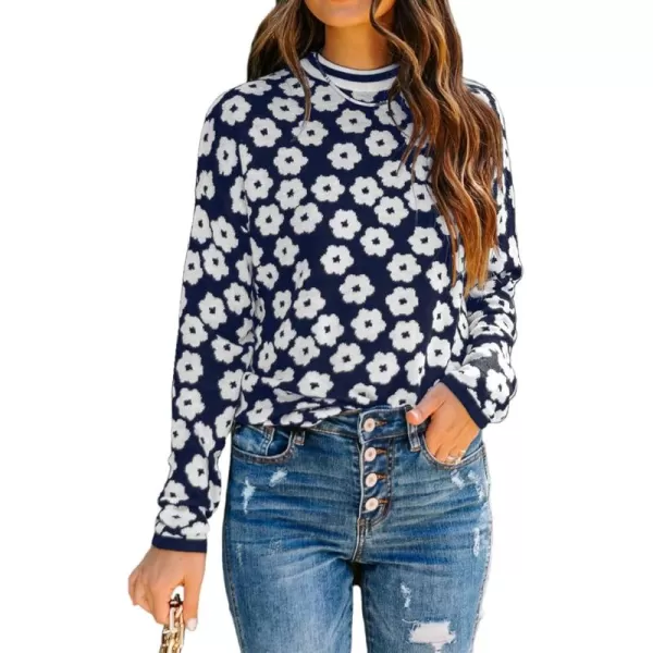 imagePRETTYGARDEN Womens Knit Sweater Casual Crewneck Long Sleeve Floral Print Lightweight Pullover SweatshirtNavy
