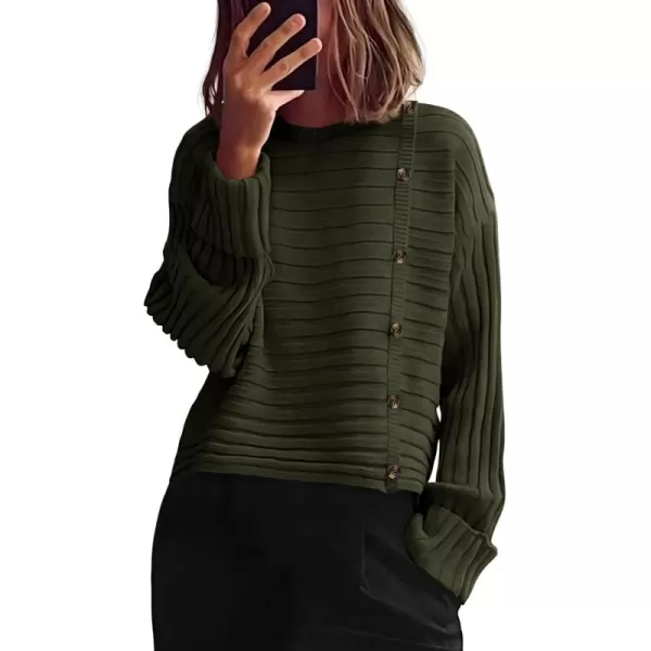 imagePRETTYGARDEN Womens Sweaters Fall 2024 Casual Long Sleeve Crewneck Button Loose Knit Pullover Sweater TopsArmy Green