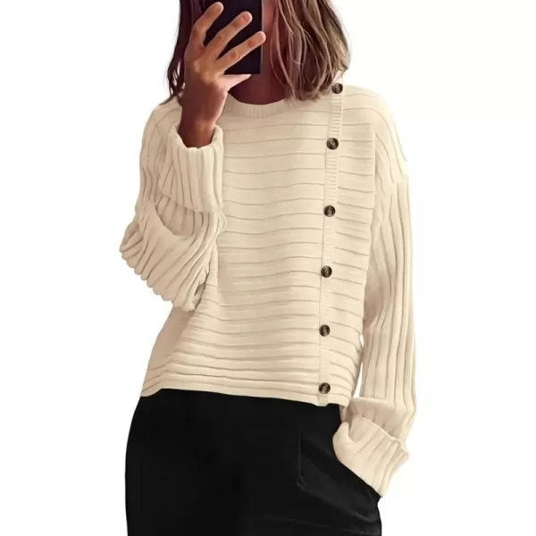 imagePRETTYGARDEN Womens Sweaters Fall 2024 Casual Long Sleeve Crewneck Button Loose Knit Pullover Sweater TopsBeige