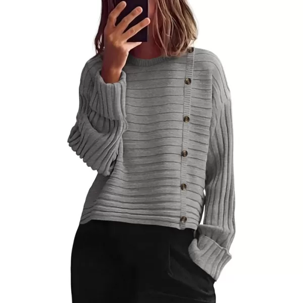 imagePRETTYGARDEN Womens Sweaters Fall 2024 Casual Long Sleeve Crewneck Button Loose Knit Pullover Sweater TopsGrey