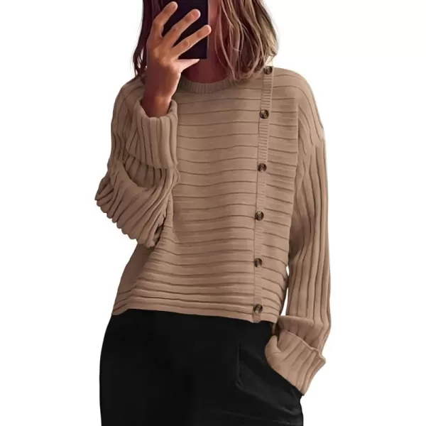 imagePRETTYGARDEN Womens Sweaters Fall 2024 Casual Long Sleeve Crewneck Button Loose Knit Pullover Sweater TopsKhaki