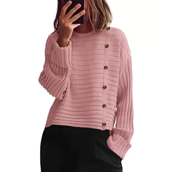 imagePRETTYGARDEN Womens Sweaters Fall 2024 Casual Long Sleeve Crewneck Button Loose Knit Pullover Sweater TopsPink
