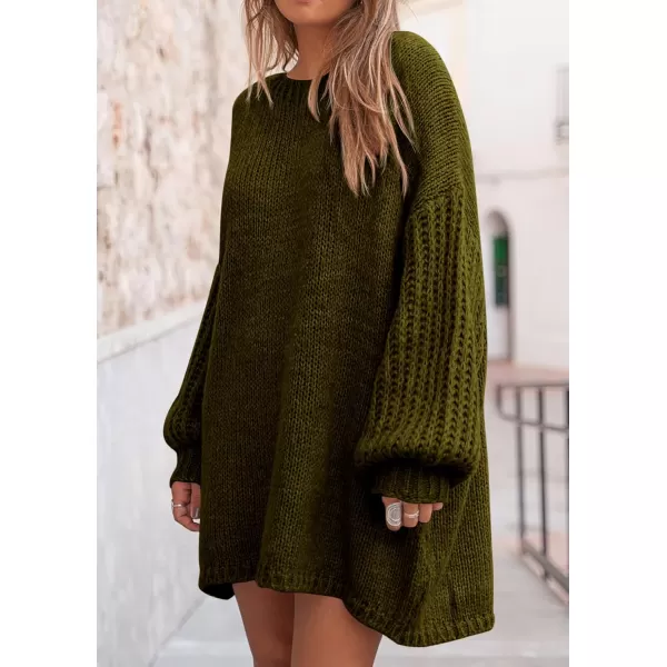 imagePRETTYGARDEN Womens 2024 Fall Pullover Sweaters Long Lantern Sleeve Crewneck Chunky Knit Slouchy Sweater DressArmy Green