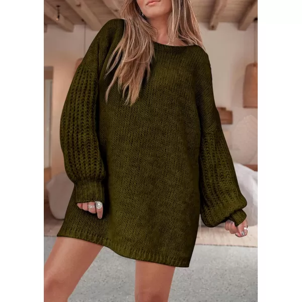 imagePRETTYGARDEN Womens 2024 Fall Pullover Sweaters Long Lantern Sleeve Crewneck Chunky Knit Slouchy Sweater DressArmy Green